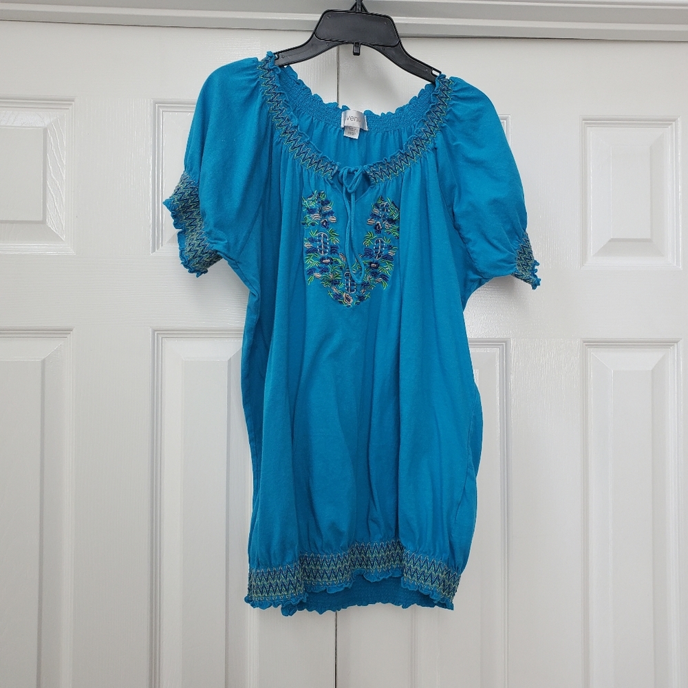 Avenue Blue Embroidered Floral Peasant Top